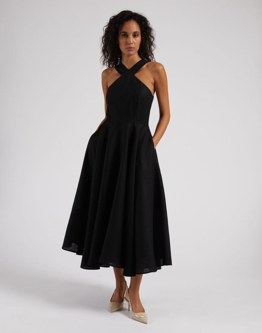 Linen Canvas Midi Dress with Banded Neckline