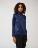 Long-sleeve top in blue stretchy silk satin with bow detail 1