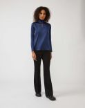 Long-sleeve top in blue stretchy silk satin with bow detail 2