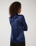 Long-sleeve top in blue stretchy silk satin with bow detail 3