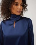 Long-sleeve top in blue stretchy silk satin with bow detail 4