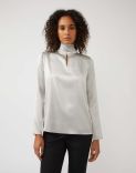 Grey high-neck top in stretch silk satin with a bow embellishment 1