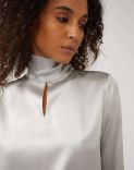 Grey high-neck top in stretch silk satin with a bow embellishment 4
