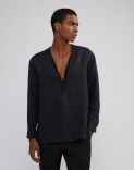 Black linen canvas collarless shirt 2