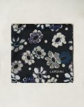 Pocket square in blueand grey silk with flower detail 1