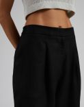 Pantalone ampio a vita bassa in tela di lino nero 5
