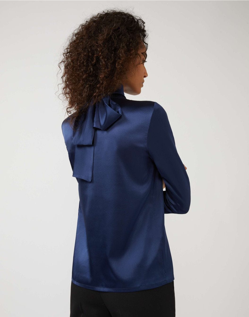 Long-sleeve top in blue stretchy silk satin with bow detail