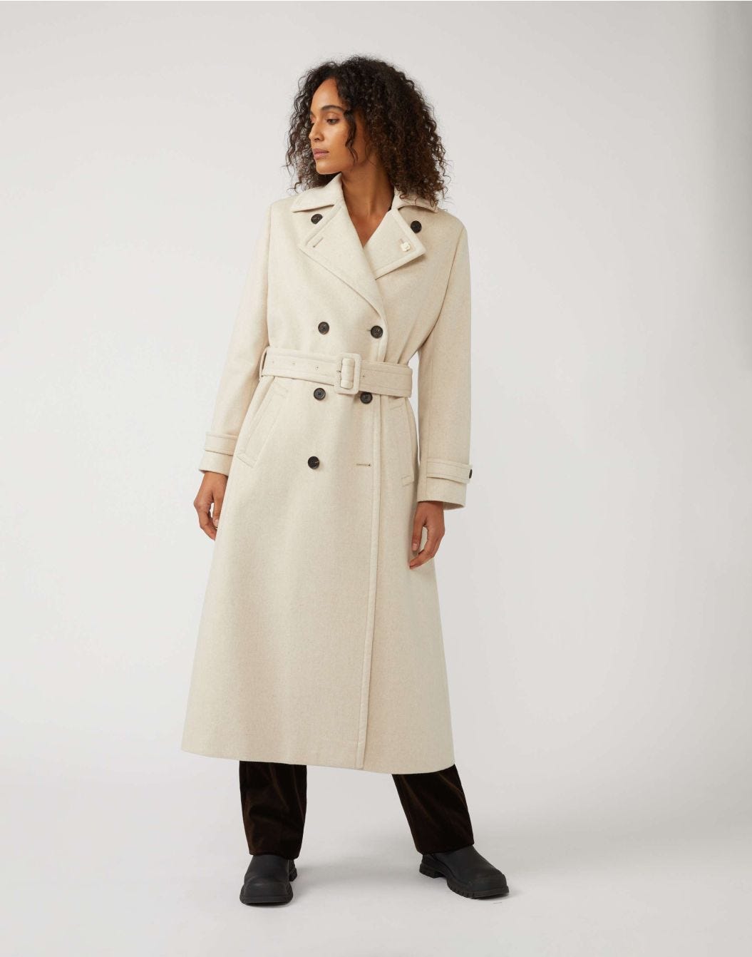 Belted wool trench coat in a natural hue