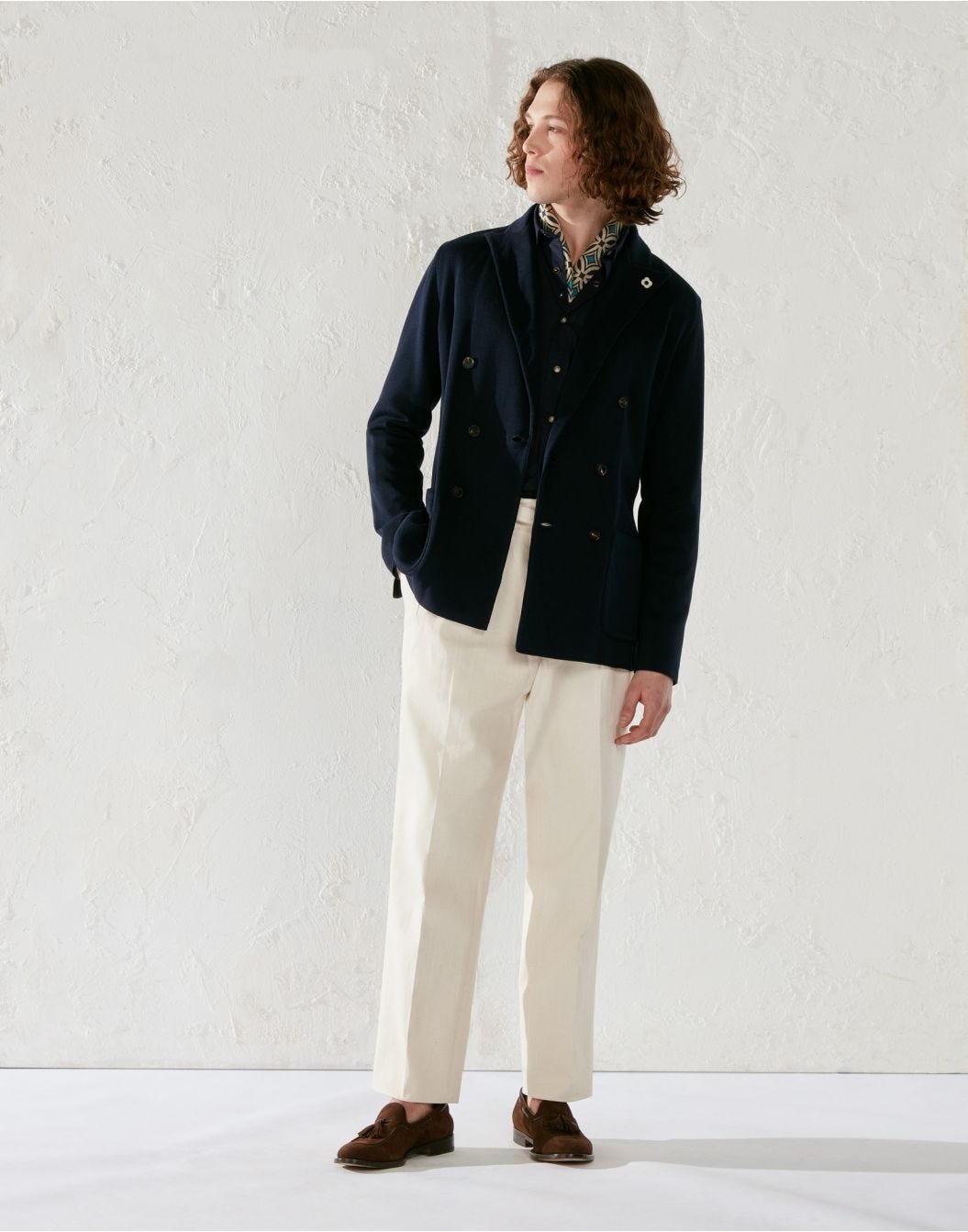 Extra-fine cotton double-breasted knit jacket