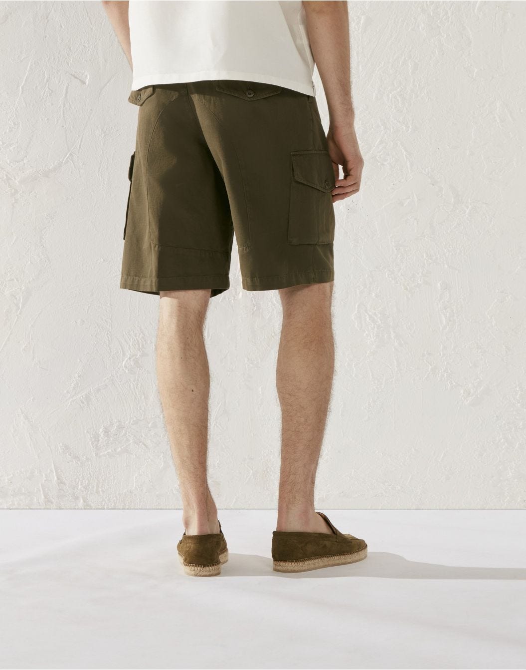 Green military-effect broken twill Bermuda shorts