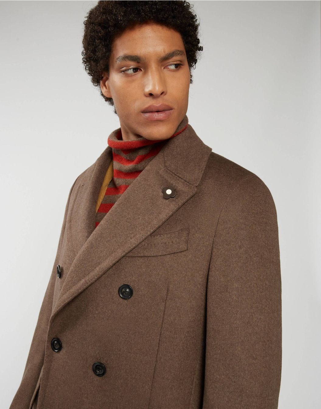 Double-breasted Ulster coat in brown beaver-effect cashmere