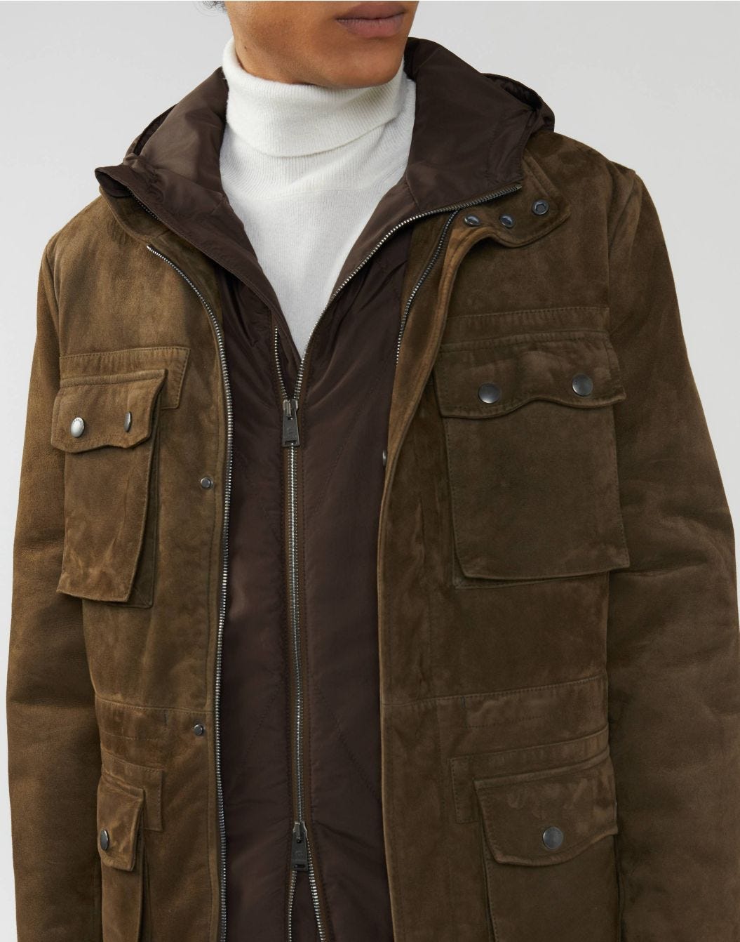 Field jacket in leather and jersey with a detachable nylon interior