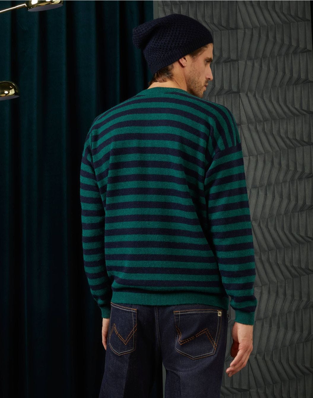 Round-neck wool-and-Alpaca sweater in green-and-blue stripes