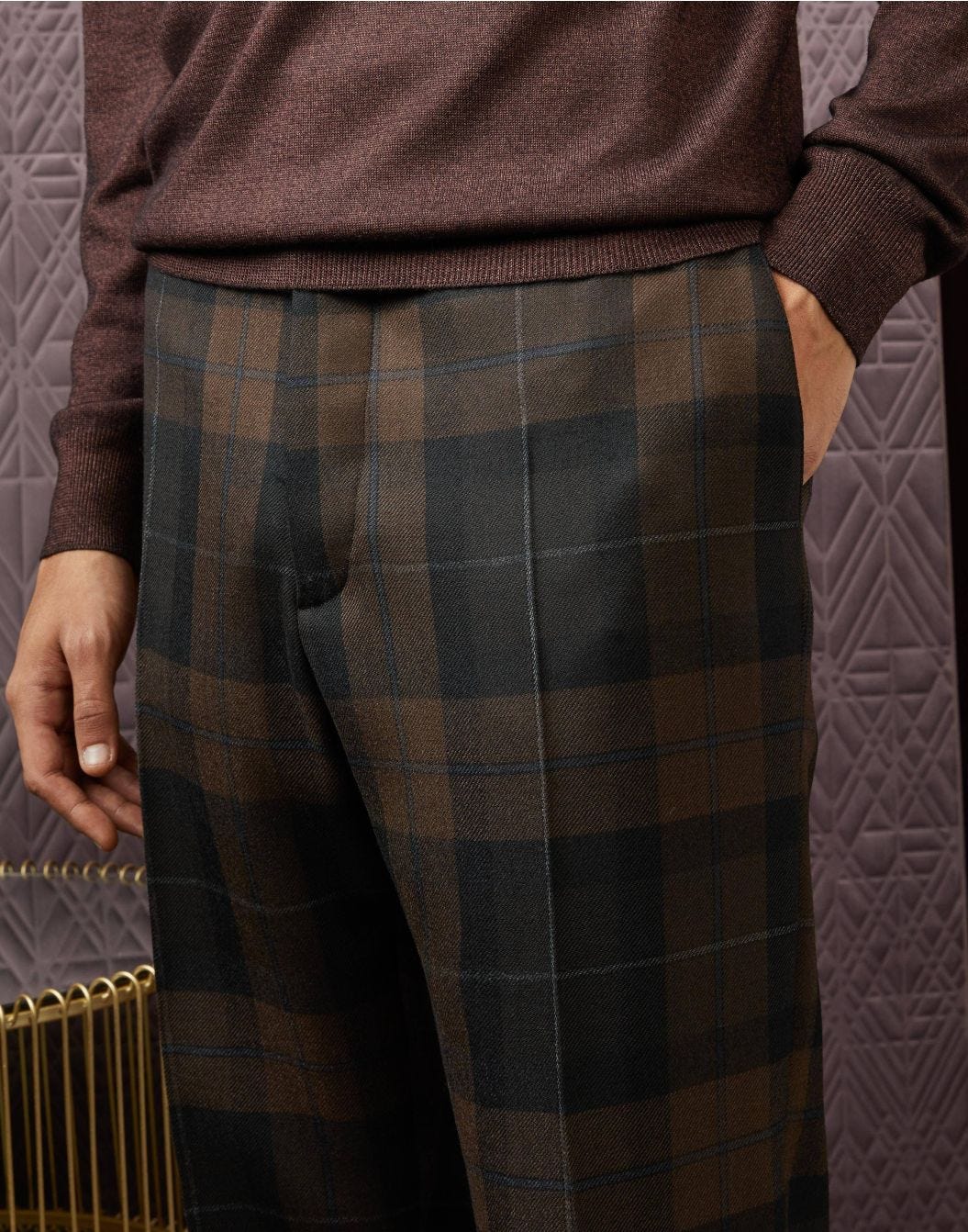 Pantalone senza piega in madras inglese in lana