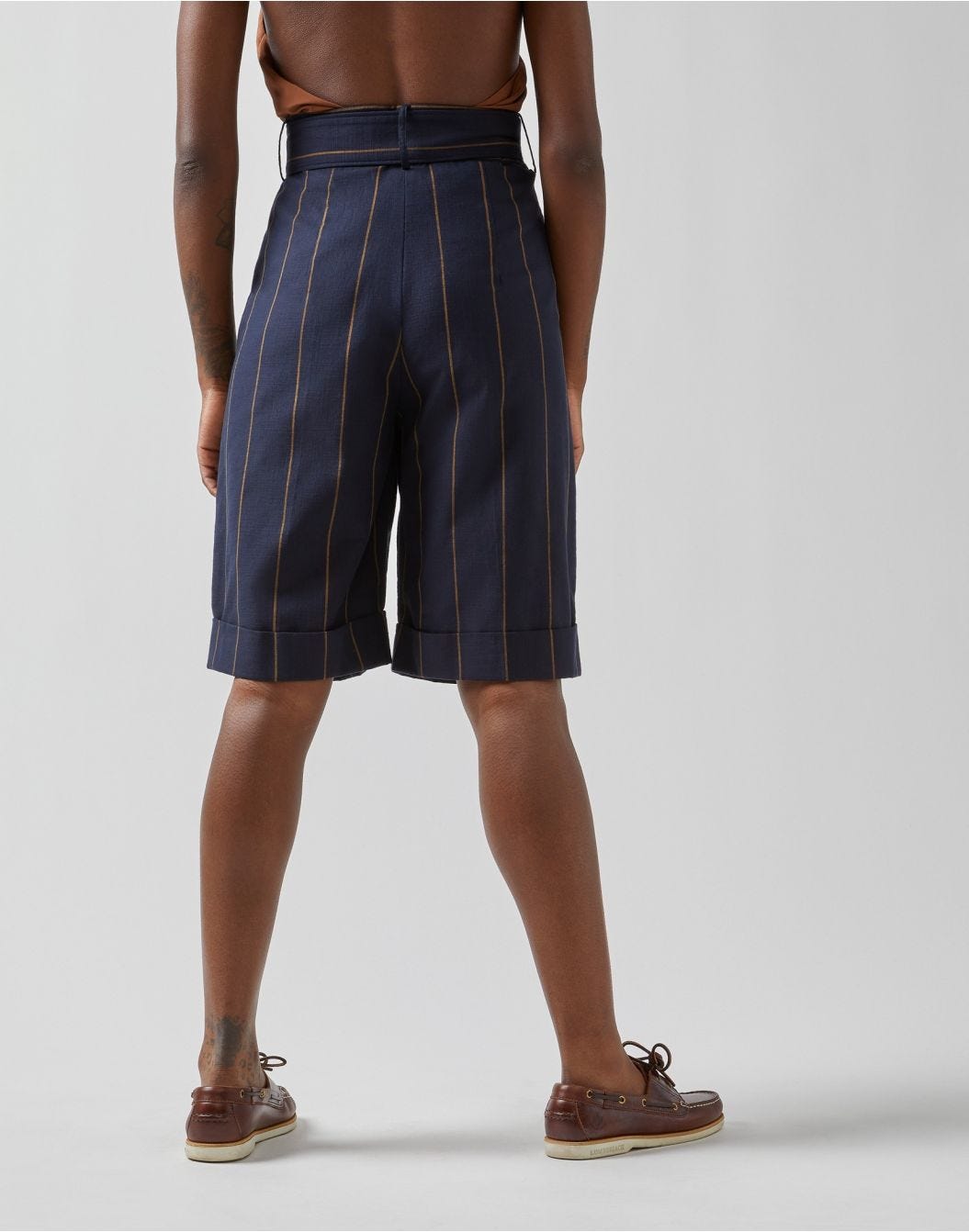 Striped cotton fabric high-waisted Bermuda shorts