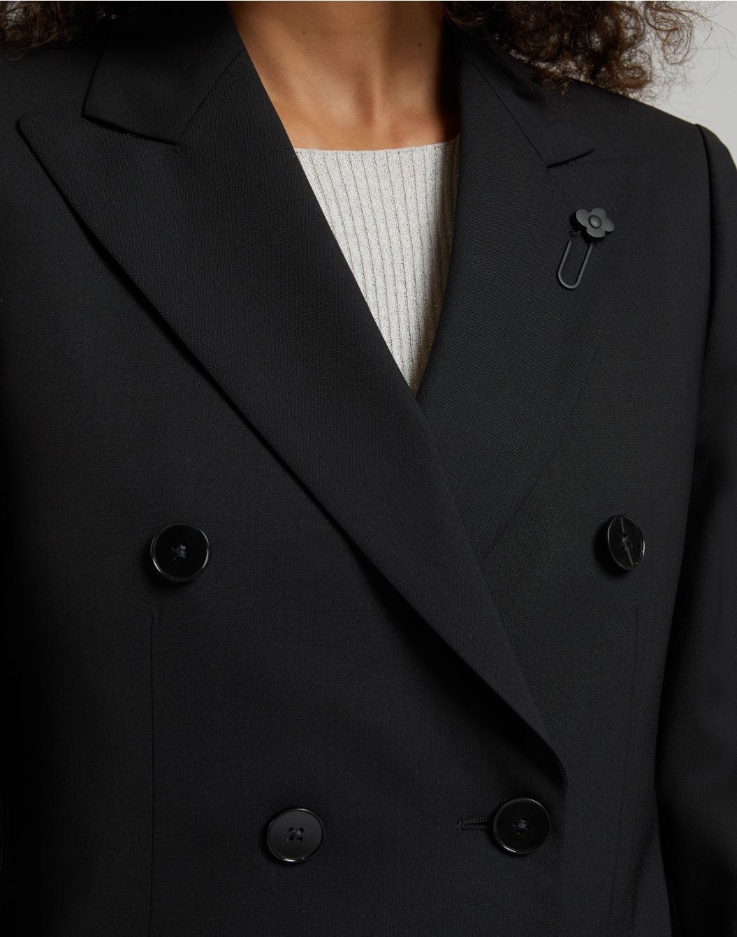 Black stretch wool cloth double-breasted blazer