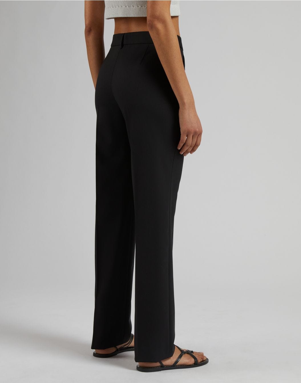 Black stretch wool fabric regular straight-leg trousers