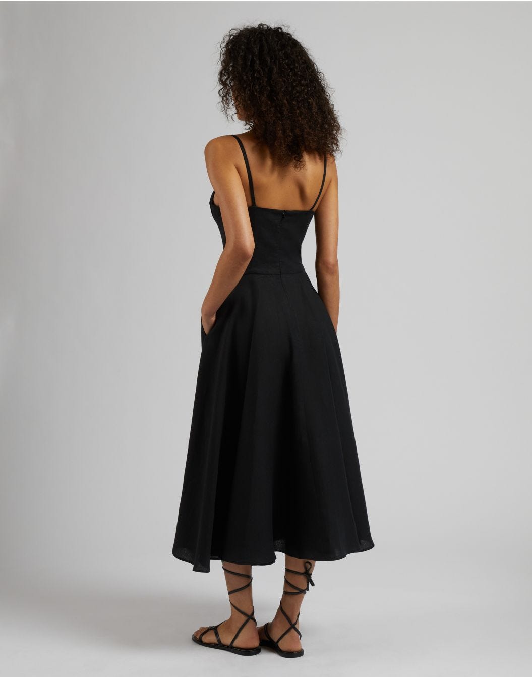 Black linen cloth dress with flared midi skirt