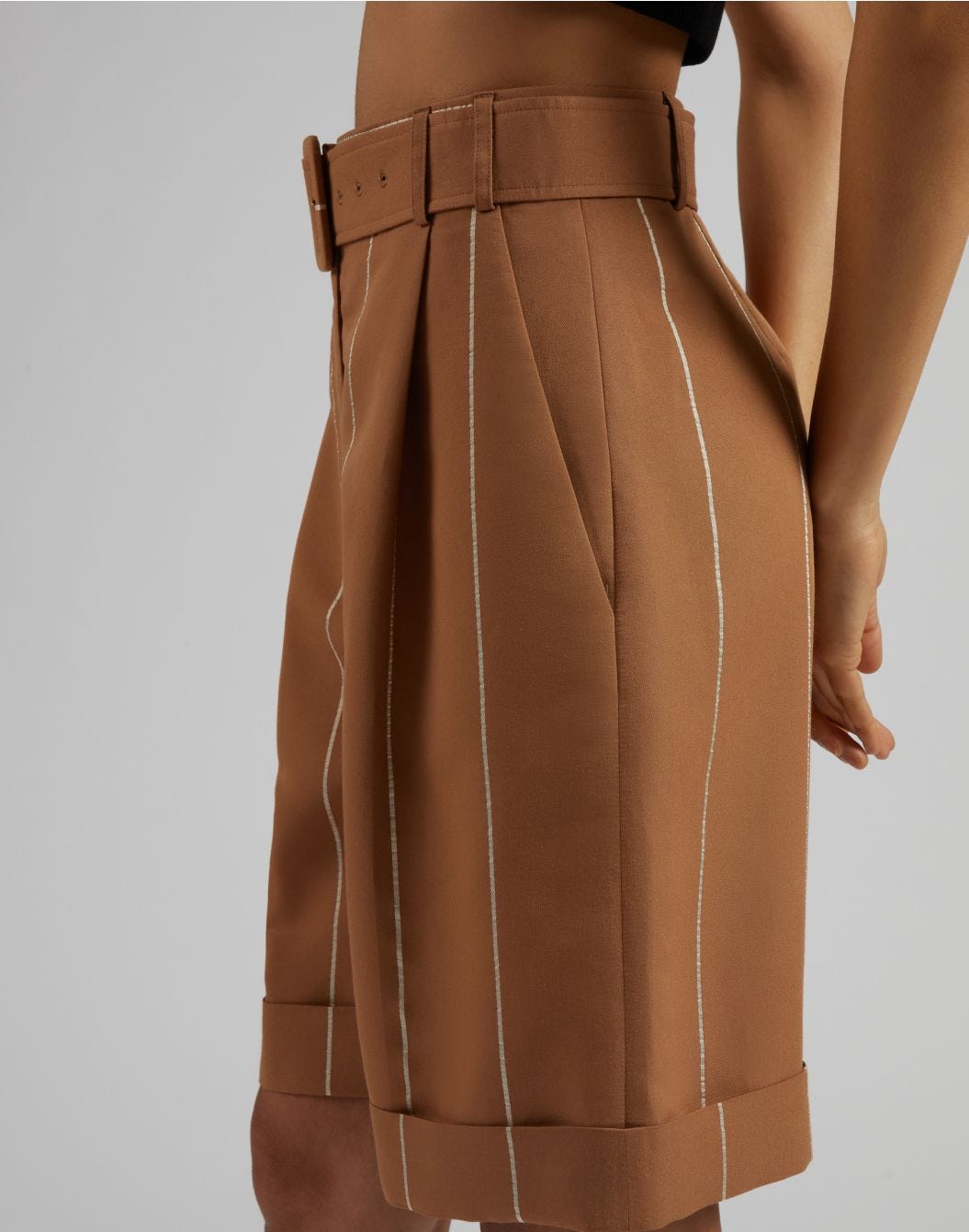 Wide pinstripe rust viscose Bermuda shorts