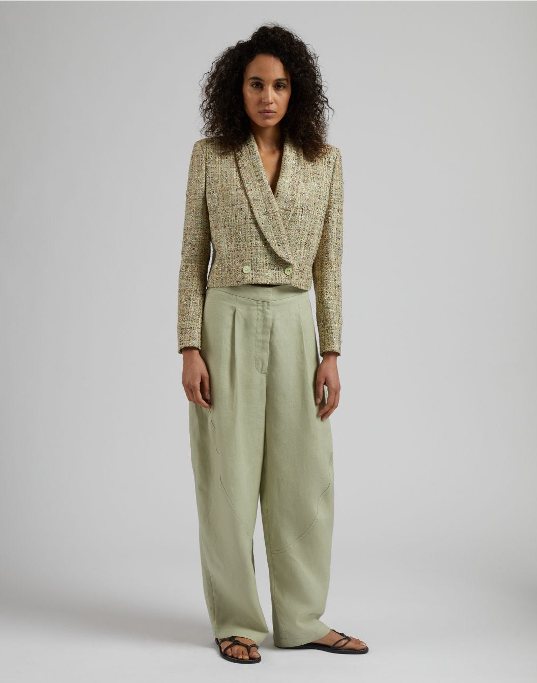 Green lurex woven cotton tweed short jacket
