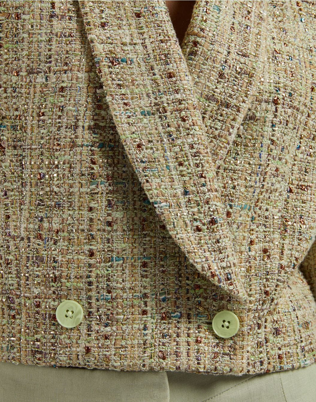 Giacca corta in tweed di cotone verde intrecciato lurex