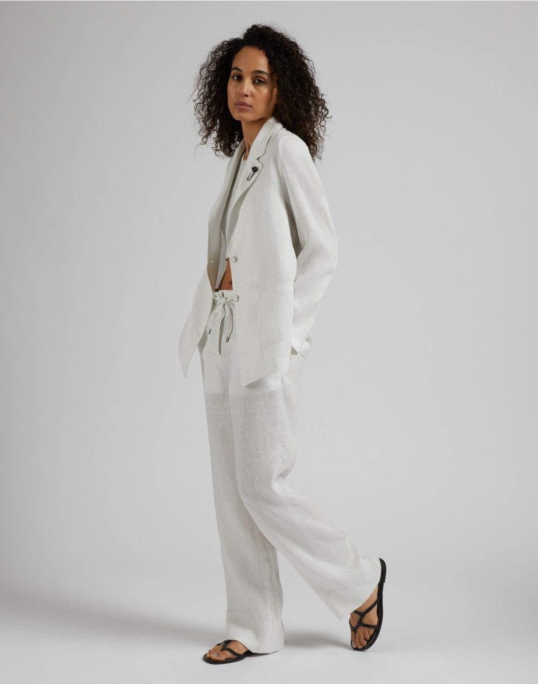 White and silver lurex linen single-breasted jacket