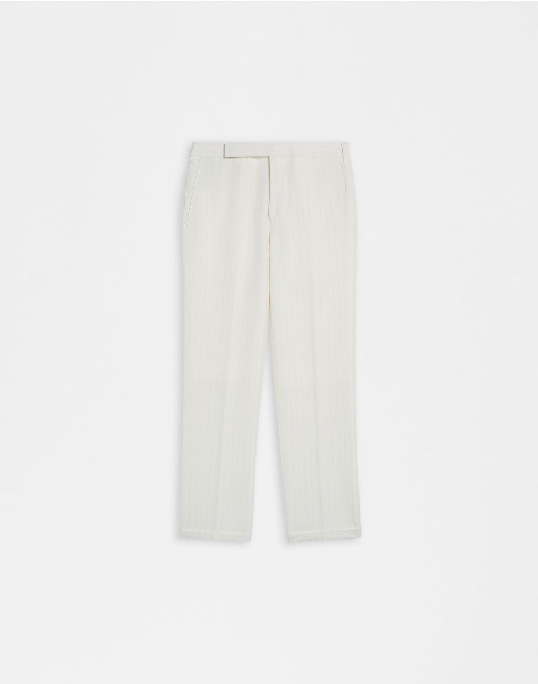 Silver and white pinstripe lurex wool canvas trousers