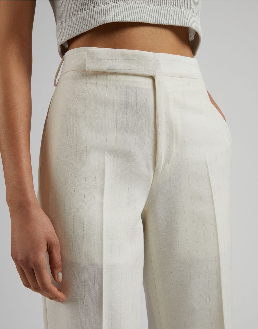 Pantalone in tela di lana gessata lurex bianco-argento