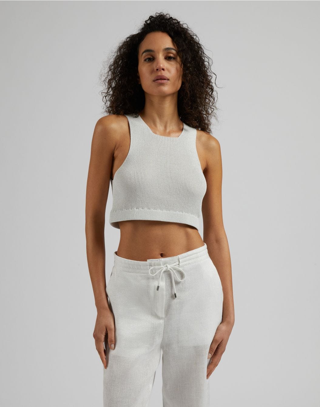 White and silver lurex ribbed knit short top