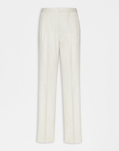 Pantaloni panna in crepe gabardine natural stretch con pieghe frontali