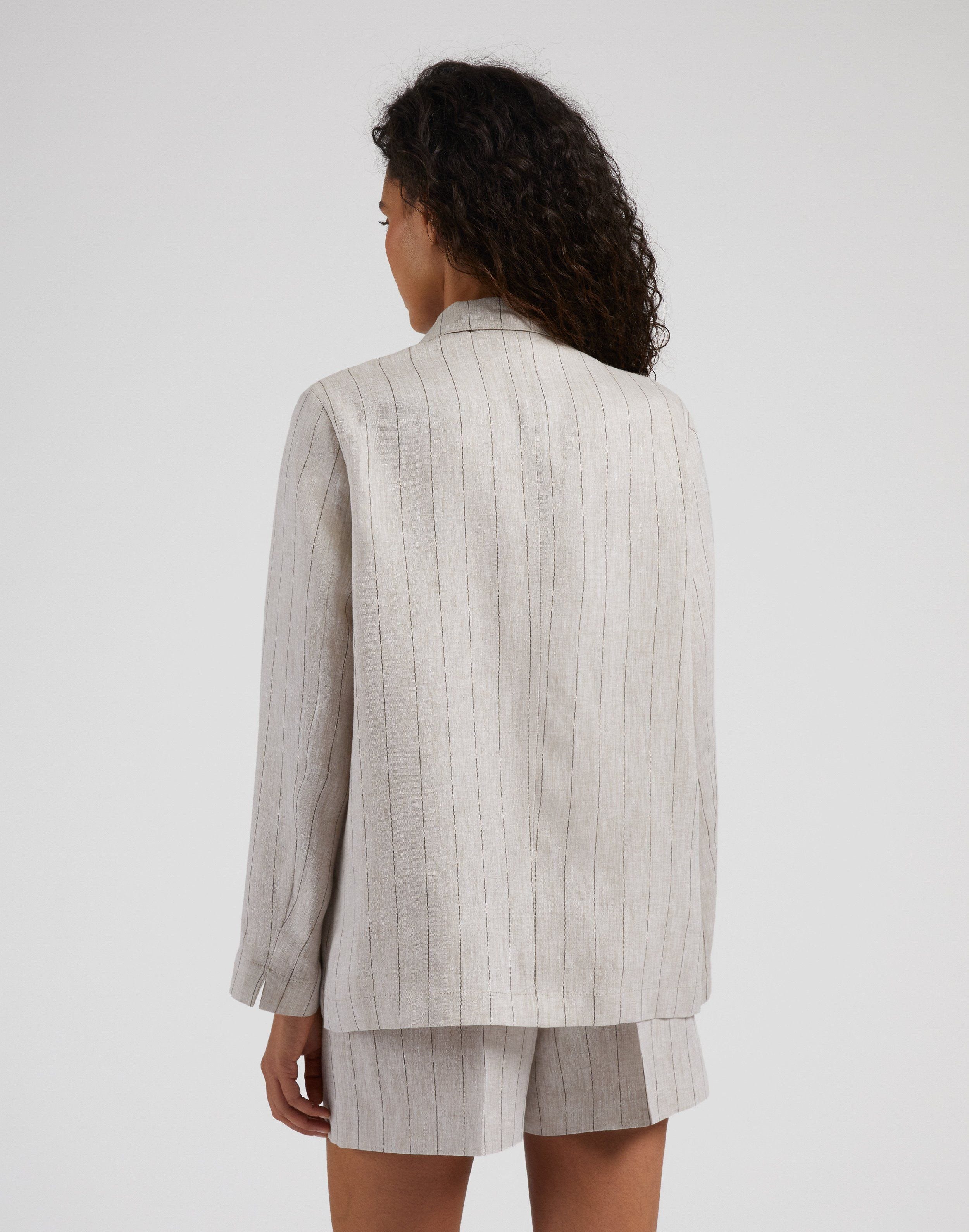 Beige/Grey Deconstructed Linen Pinstripe Double-breasted Jacket