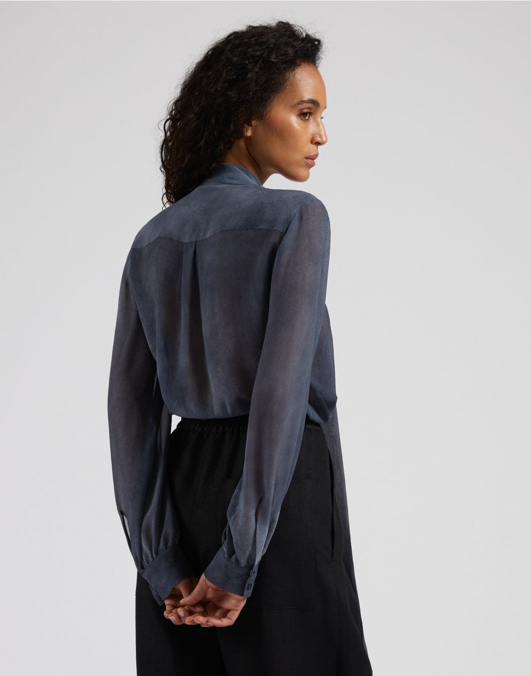 Blue Georgette Silk Shirt with Neck Bow