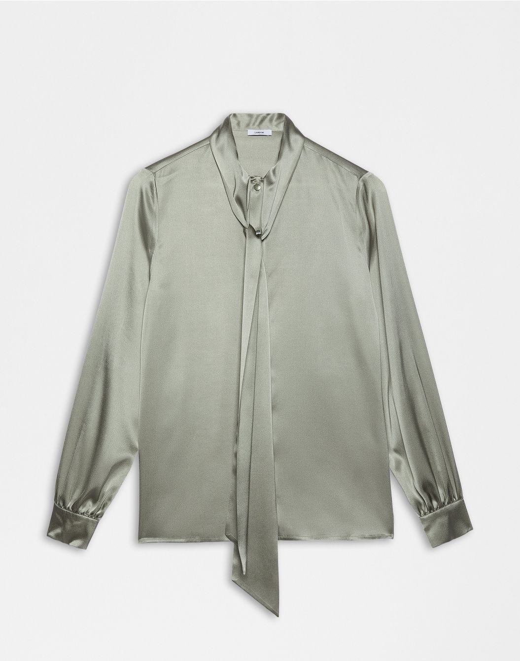 Chemise Couleur Sauge en Satin de Soie Stretch avec Nœud au Col