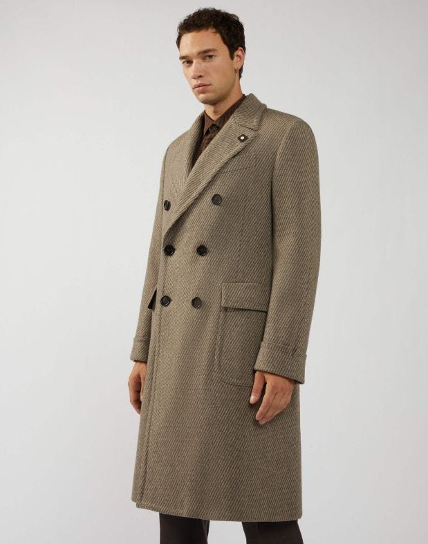 Double-breasted Ulster coat in beige-and-cream wool and cashmere