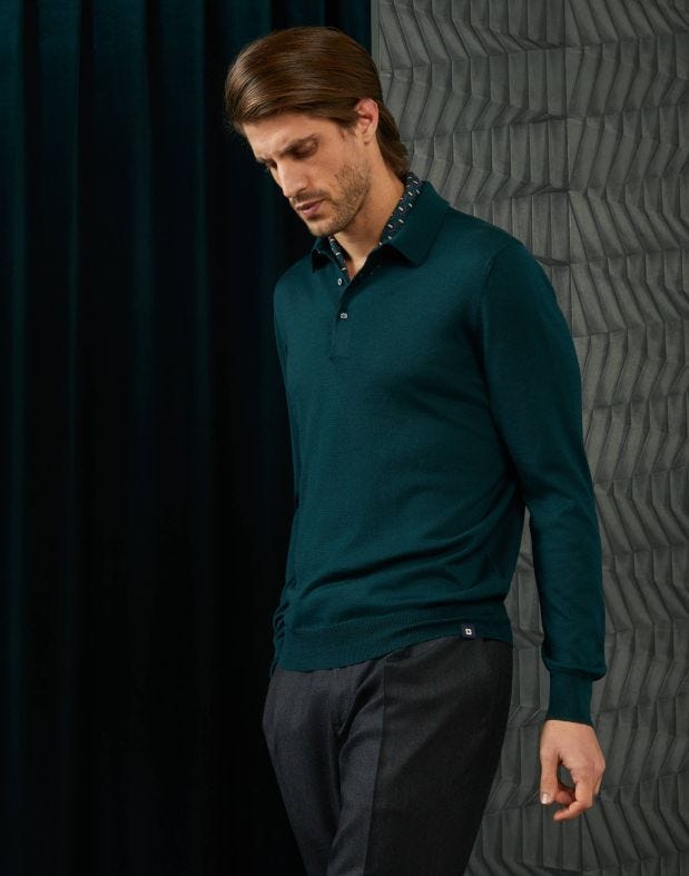 Long-sleeve polo shirt in green worsted wool