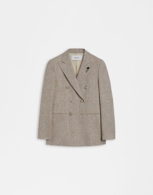 Doppelreihige Jacke aus braunem Leinen mit Prince-of-Wales-Muster