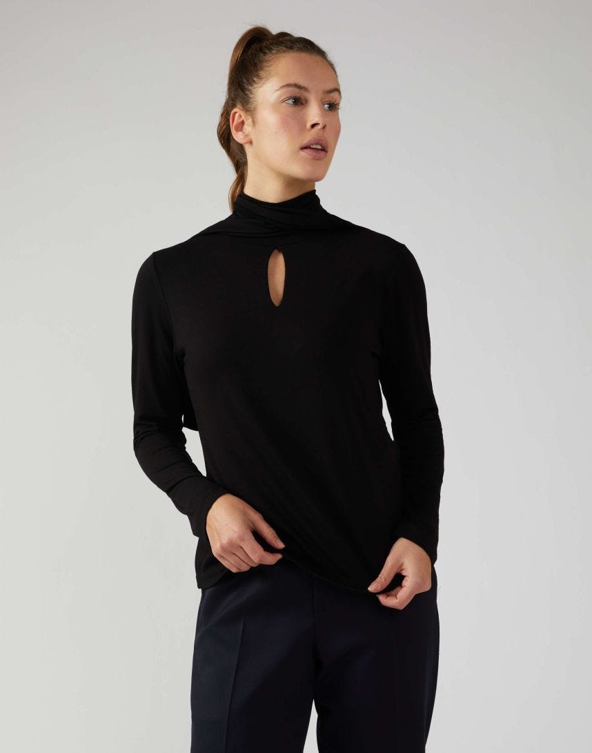 Black top in viscose jersey with bow detail and keyhole neckline