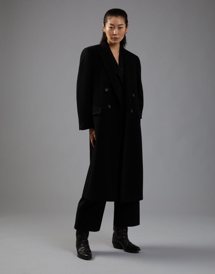 Manteau croisé noir en drap de laine