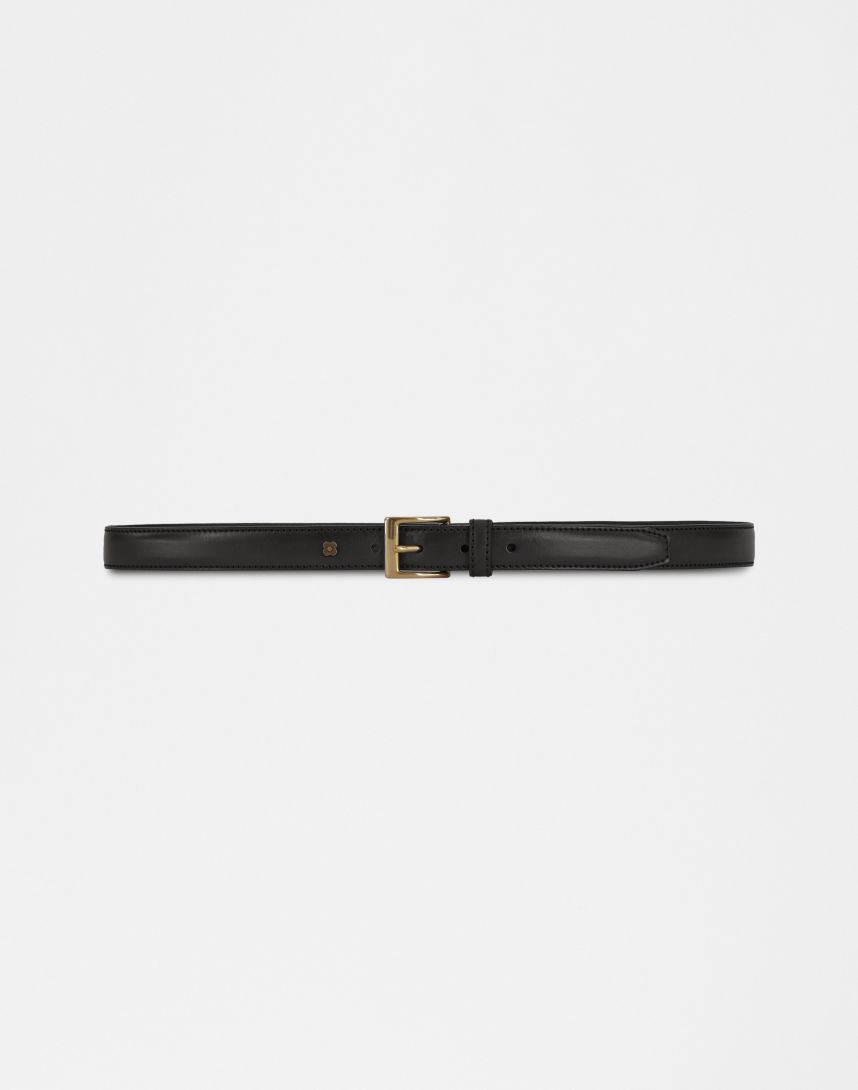 Black leather belt with a brass buckle
