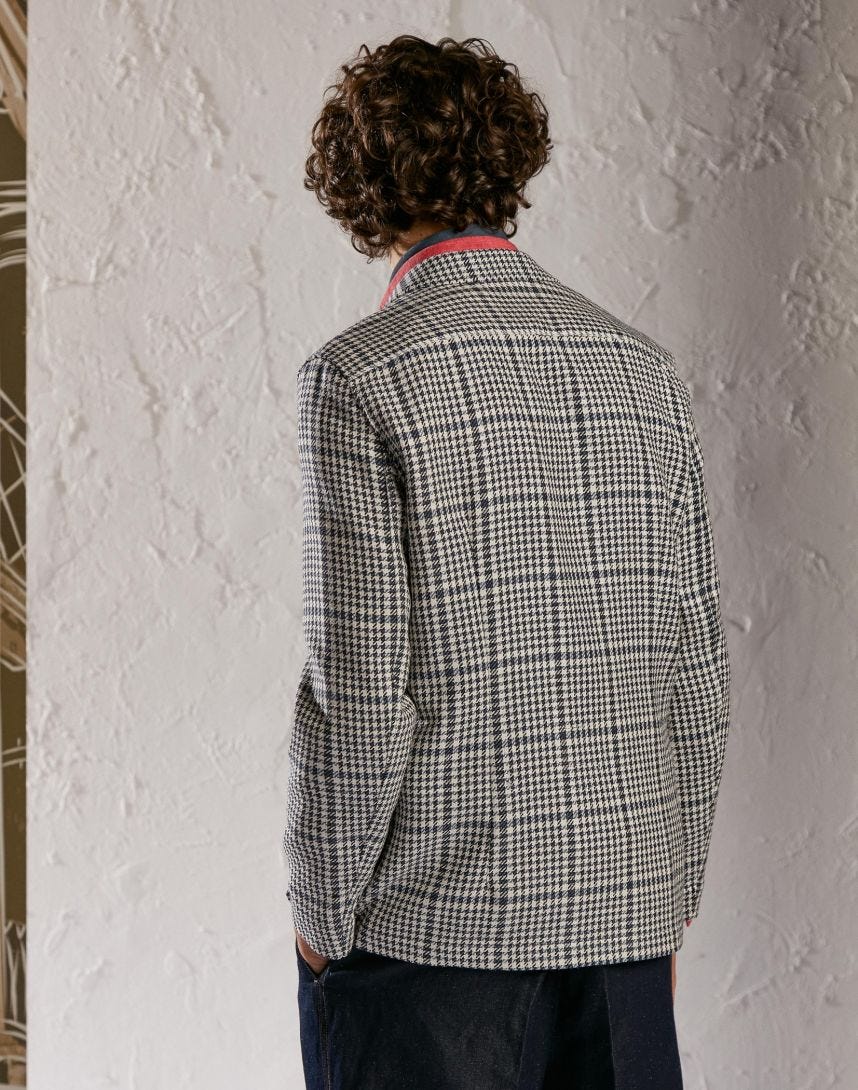 Wool and silk shirt jacket with a large glen plaid pattern
