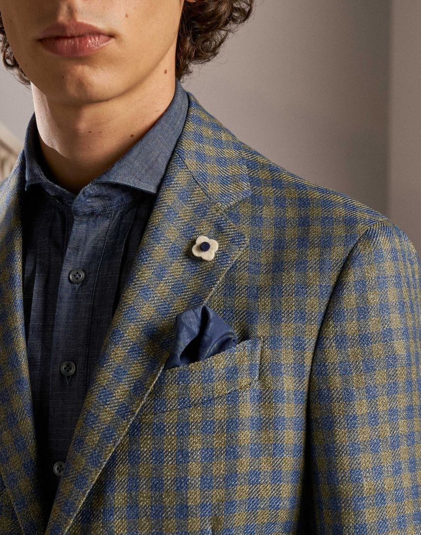 Blue pocket square with a contrasting exotic print