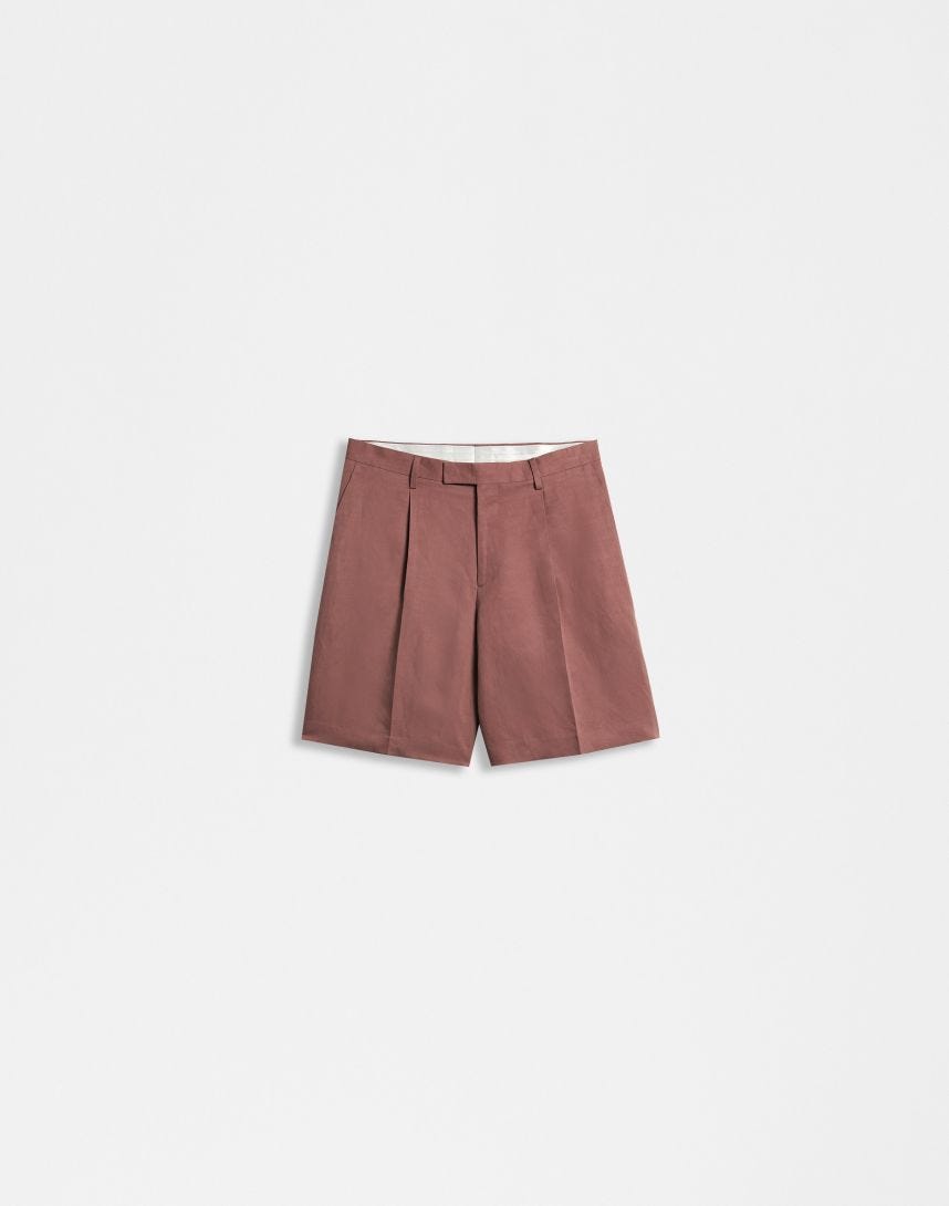 Pink linen and micro-tencel long comfort Bermuda shorts