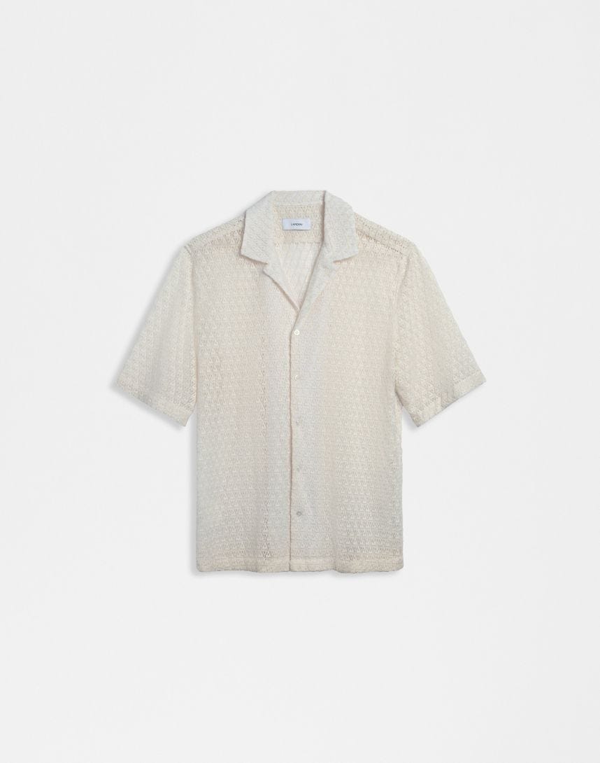 White macramé shirt with geometric design