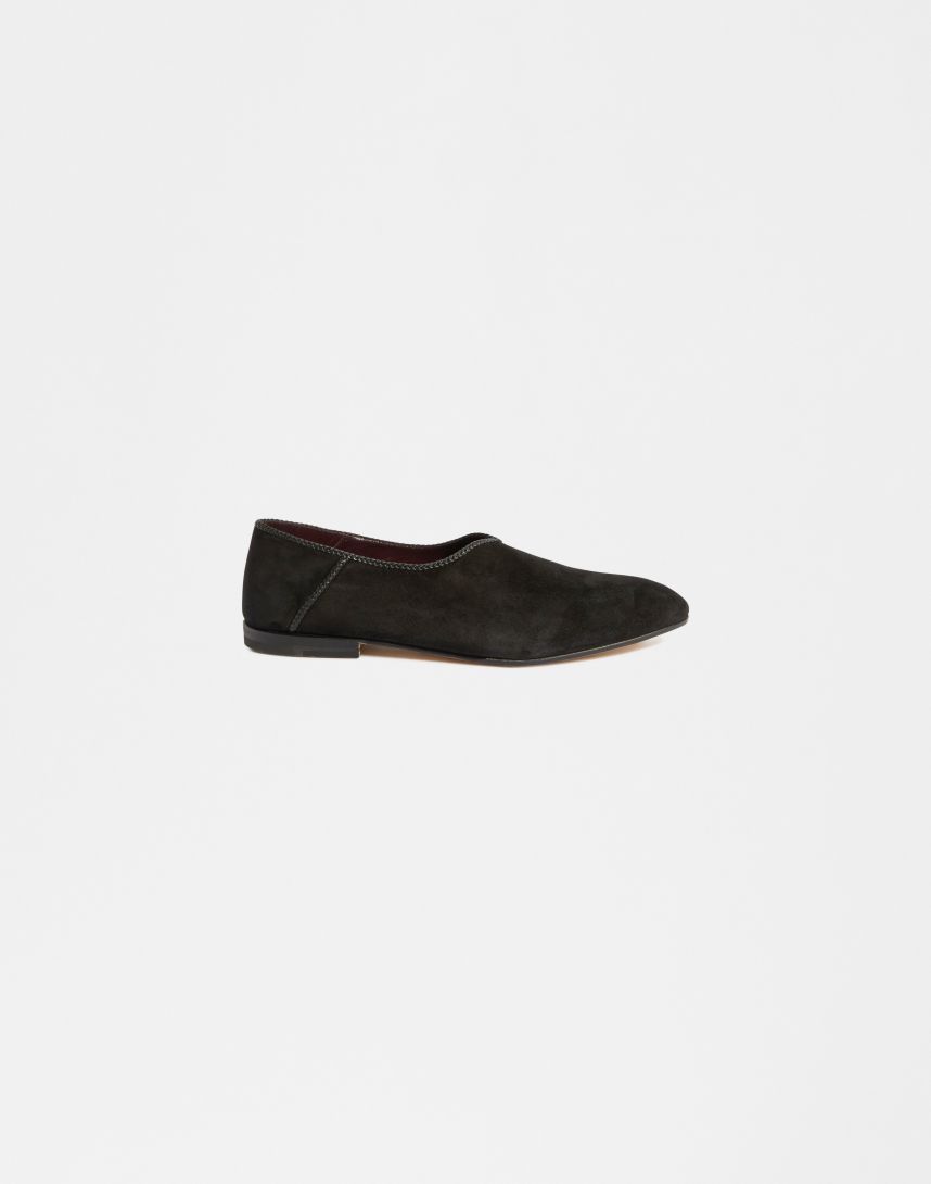 Calfskin babouche slippers with a woven edge