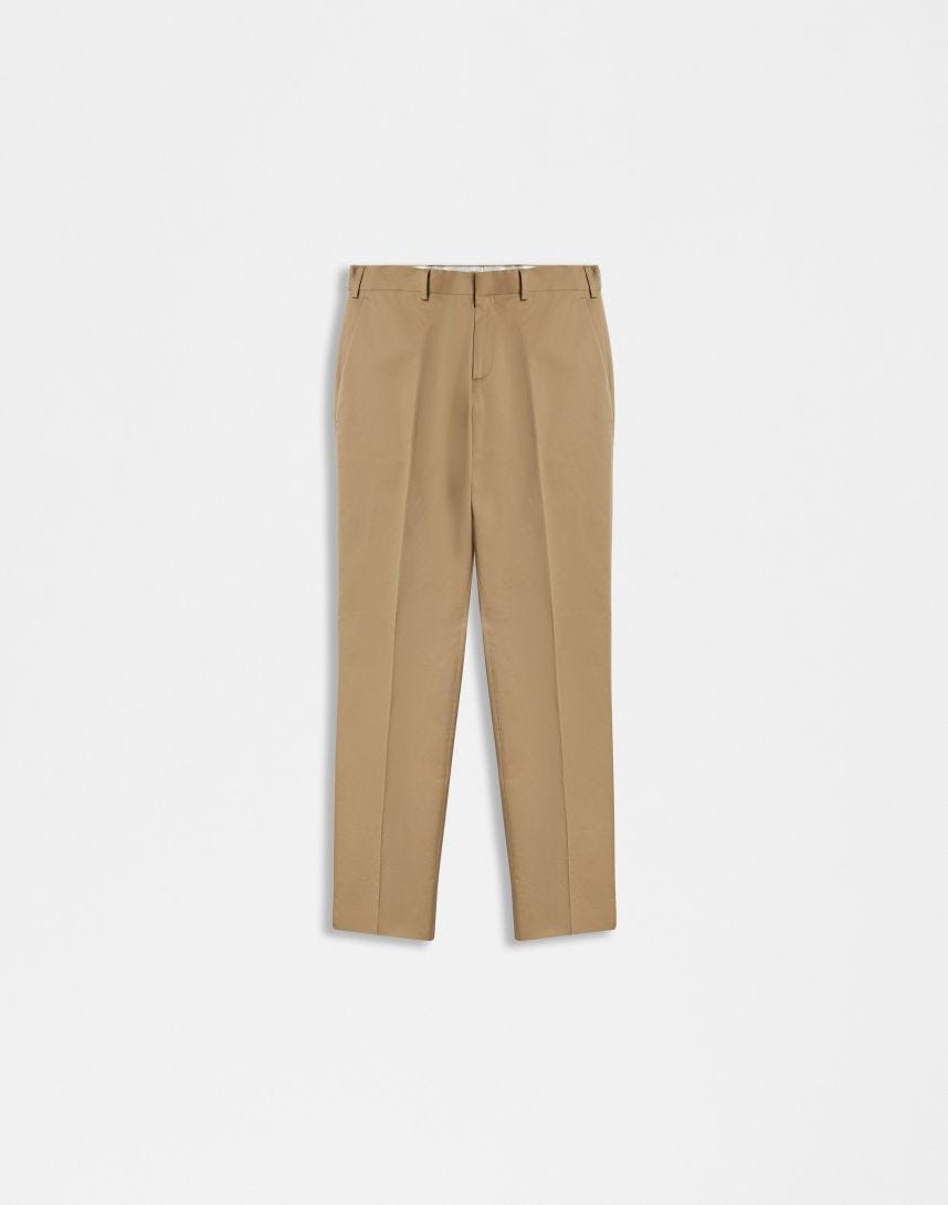Hazelnut stretch cotton drill pleatless trousers