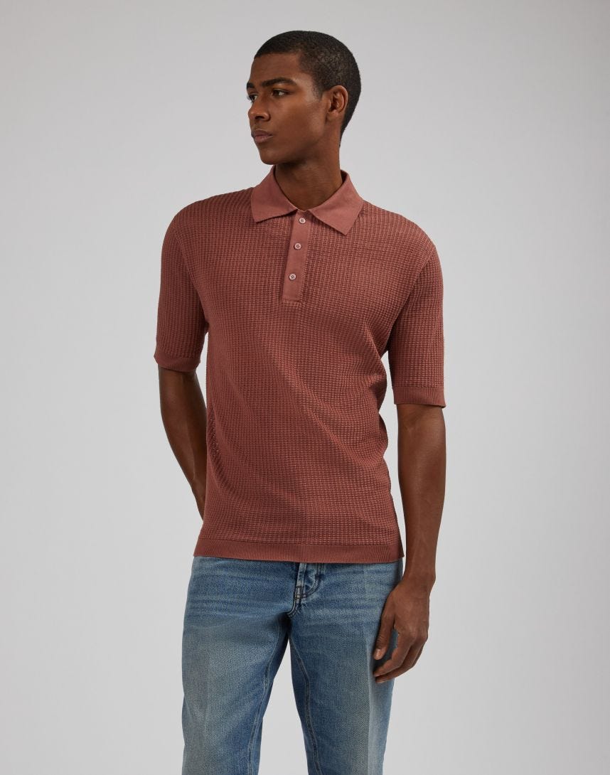 Red polo shirt with an openwork knit