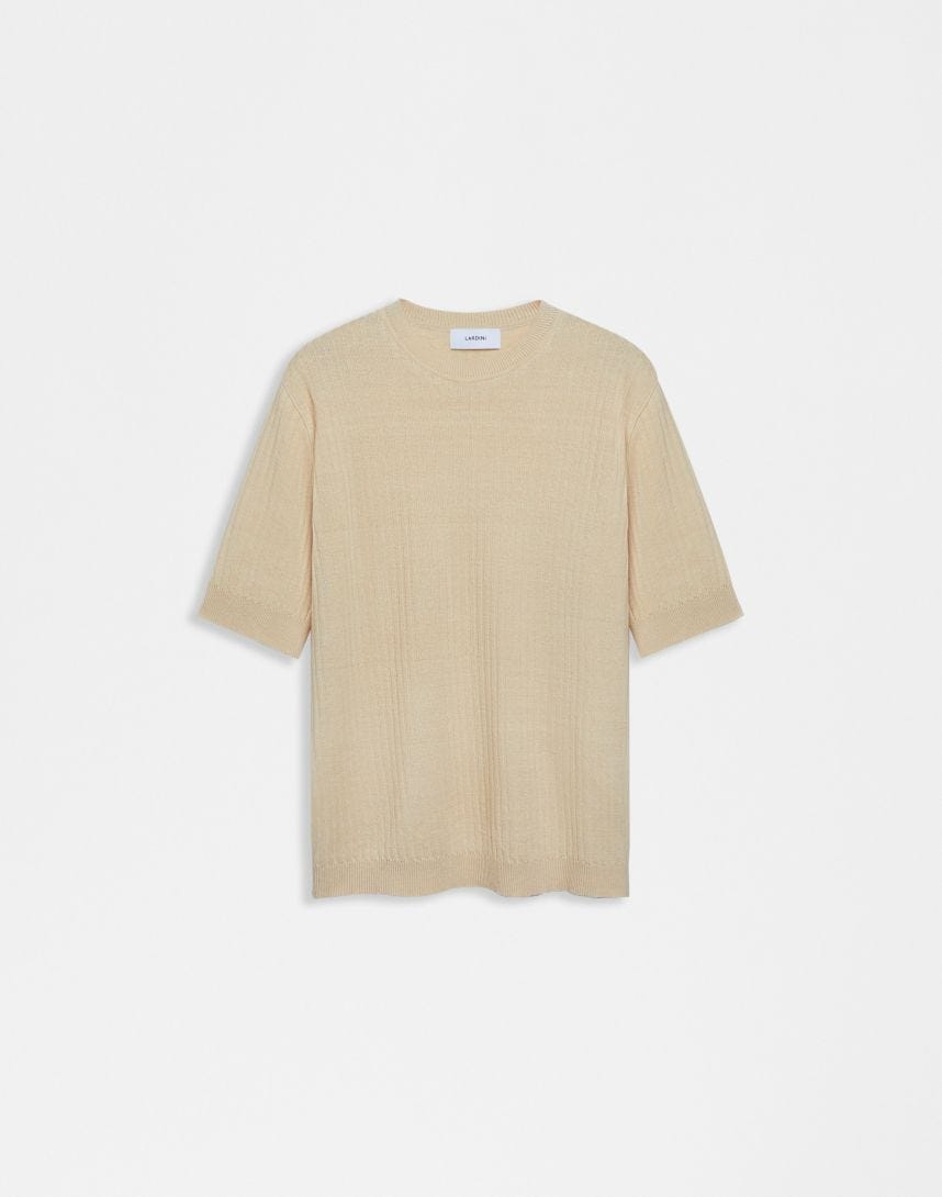 T-shirt panna in lino e cotone con lavorazione a coste