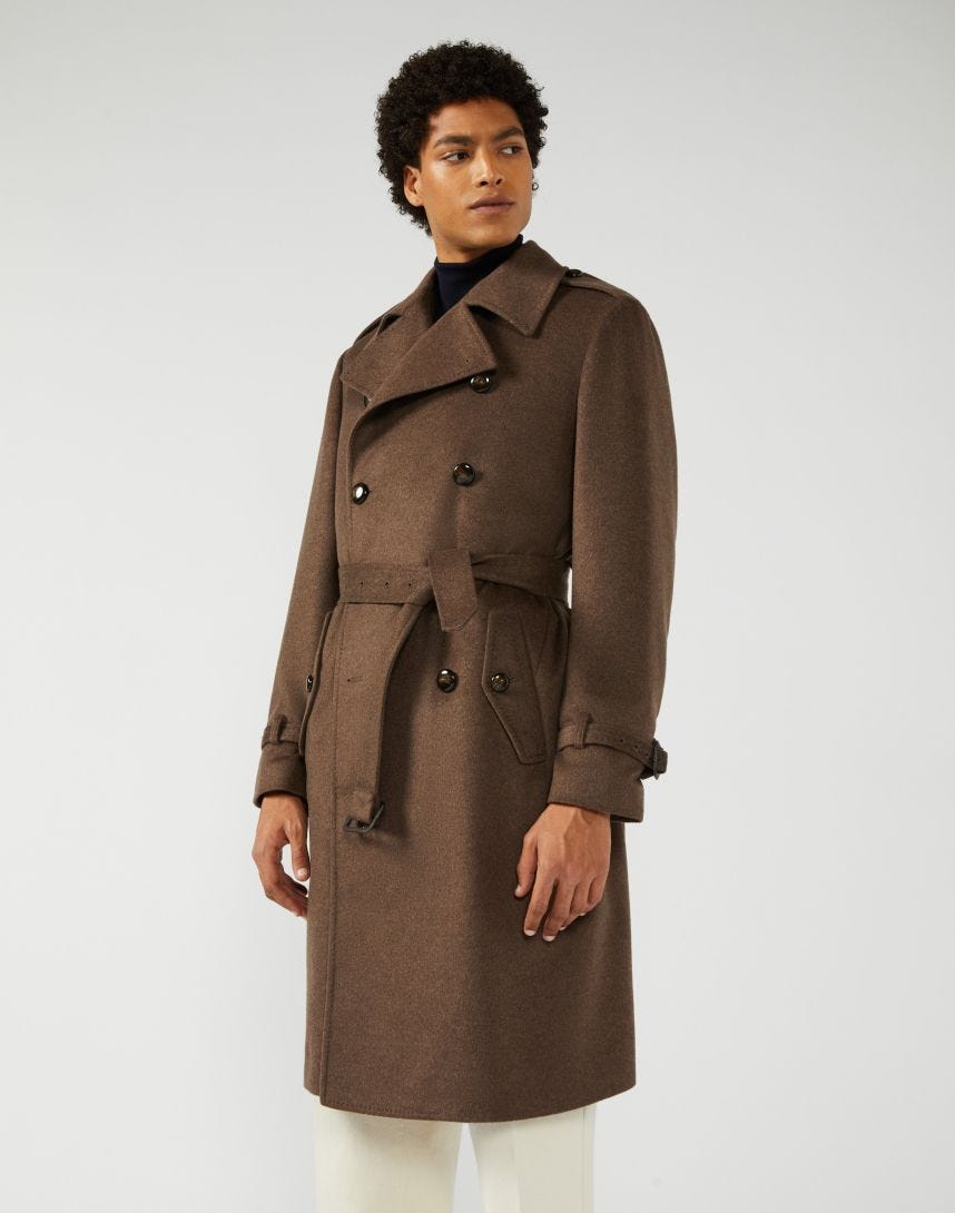 Brown trench coat in pure recycled certified cashmere