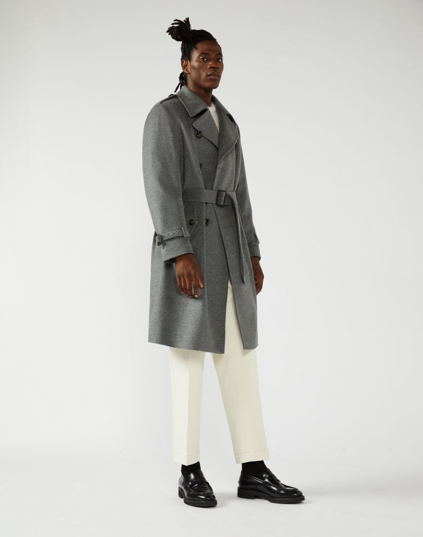 Double-breasted trench coat in pure grey cashmere 