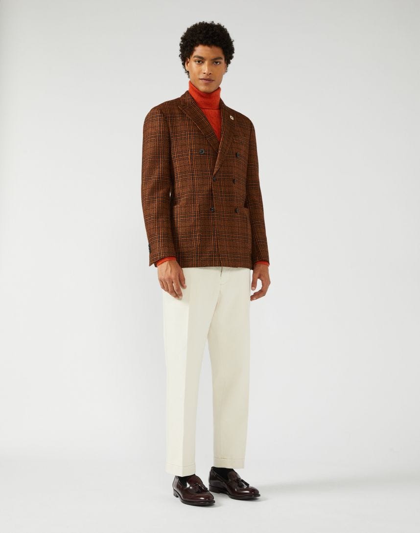 Double-breasted jacket in an orange, light-blue and black Glen check - Supersoft